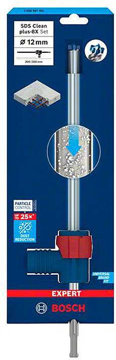 'Bosch SDS Clean plus-8X Set 12 mm' Akkubohrerset-Verpackung zeigt das Werkzeug mit Bild zur Staubabsaugung während des Bohrens.