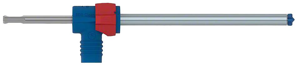 Ein blauer und roter Barriere-Stellmotor mit einem gerippten Griff und langem silberfarbenem Stab, der horizontal ausgerichtet ist.