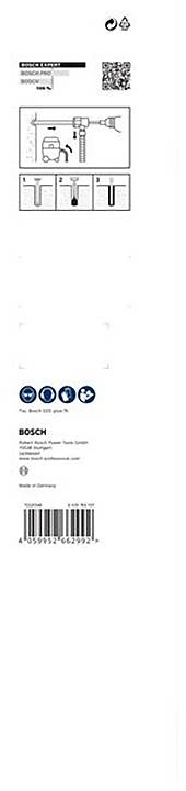 Verpackungsrückseite eines Bosch Produkts mit Abbildungen zur Anwendung, Barcode und Herstellerinformationen.