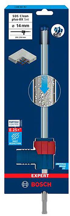 Verpackung eines Bosch-Bohrers: 'SDS Clean plus 8X Set, 14 mm'. Abbildung des Bohrers und Staubpartikel. Hinweis '25% effizienter'.