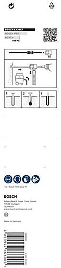 Bosch Bohrer-Verpackung mit Anleitung: Sicherheitsinfo, Bohrertyp und QR-Code für weitere Details. Für Metall- und Holzbohrungen geeignet.