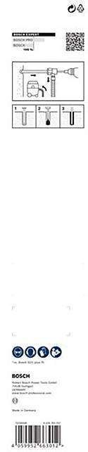 'Bosch SDS-Plus-3 Bohrer' Verpackung mit technischem Diagramm und Größenangaben. Barcode unten, Produktname oben.