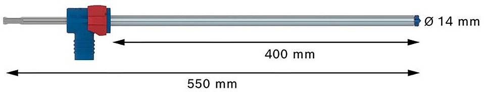 Illustration eines Messstabs mit Länge von 550 mm. Der Messbereich ist 400 mm, Durchmesser außen 14 mm. Roter und blauer Griff.