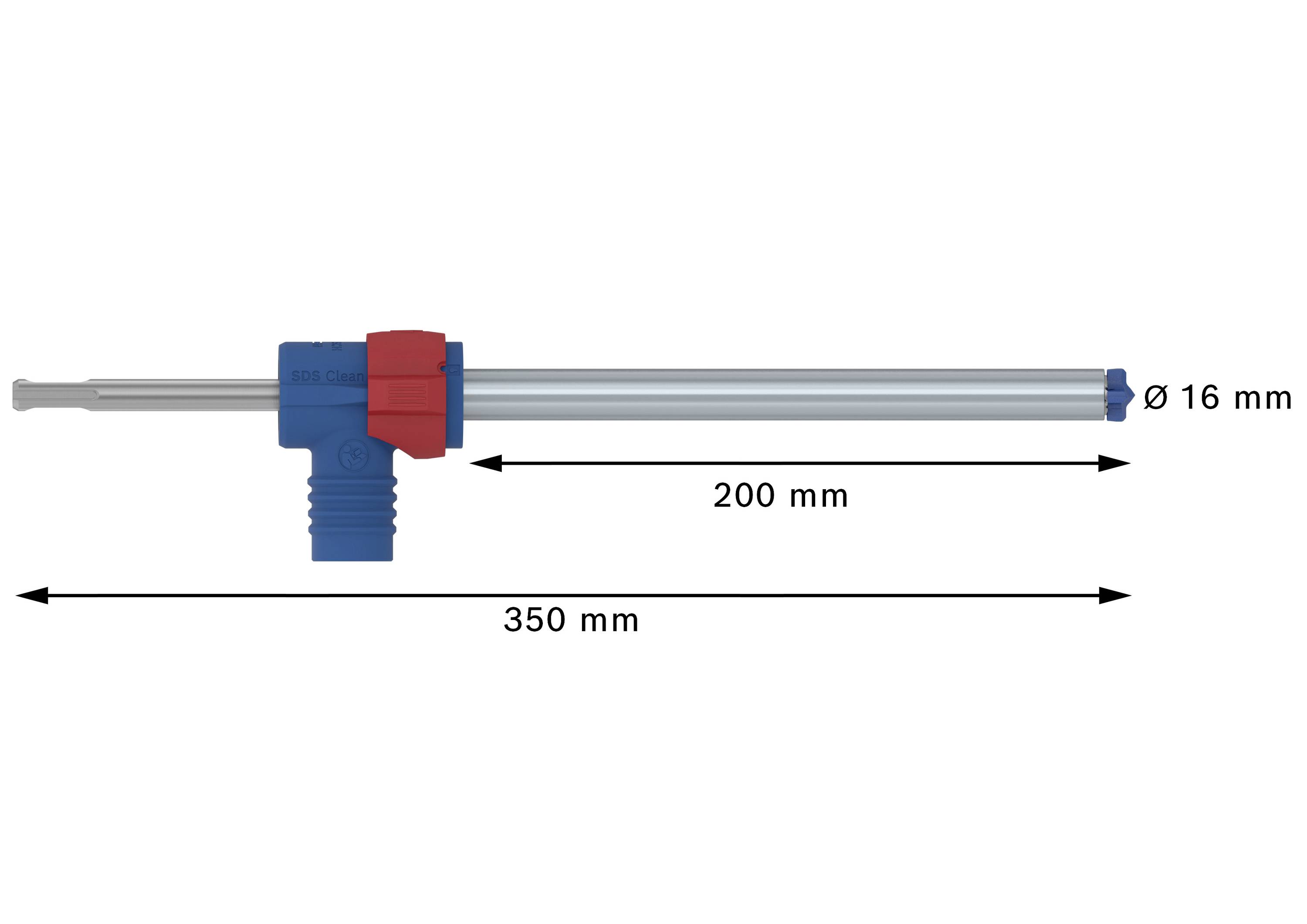 L-förmiges Rohr mit Durchmesser von 16 mm, Gesamtlänge 350 mm, horizontale Komponente 200 mm. Blaues/graues Design mit rotem Element.