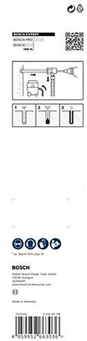 'Bosch' Verpackung für Bohrer. Oben Anleitung zur Verwendung im Bohrhammer, darunter Details zu Material und Markenlogo.