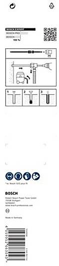'Bosch' Etikett zeigt Montageanleitung für Wandhalterung mit Schritt-für-Schritt-Bildern, QR-Code zum Scannen für weitere Details.