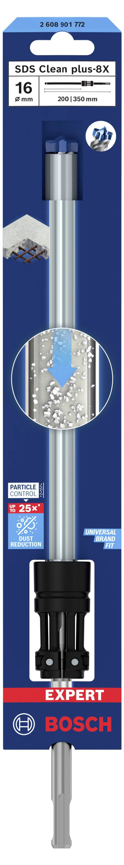 'Bosch SDS Clean PlusX 16mm' Bohrer, Bohrkopf-Design, effizientes Bohren in Beton und Stein. Blaue Verpackung mit technischen Details.