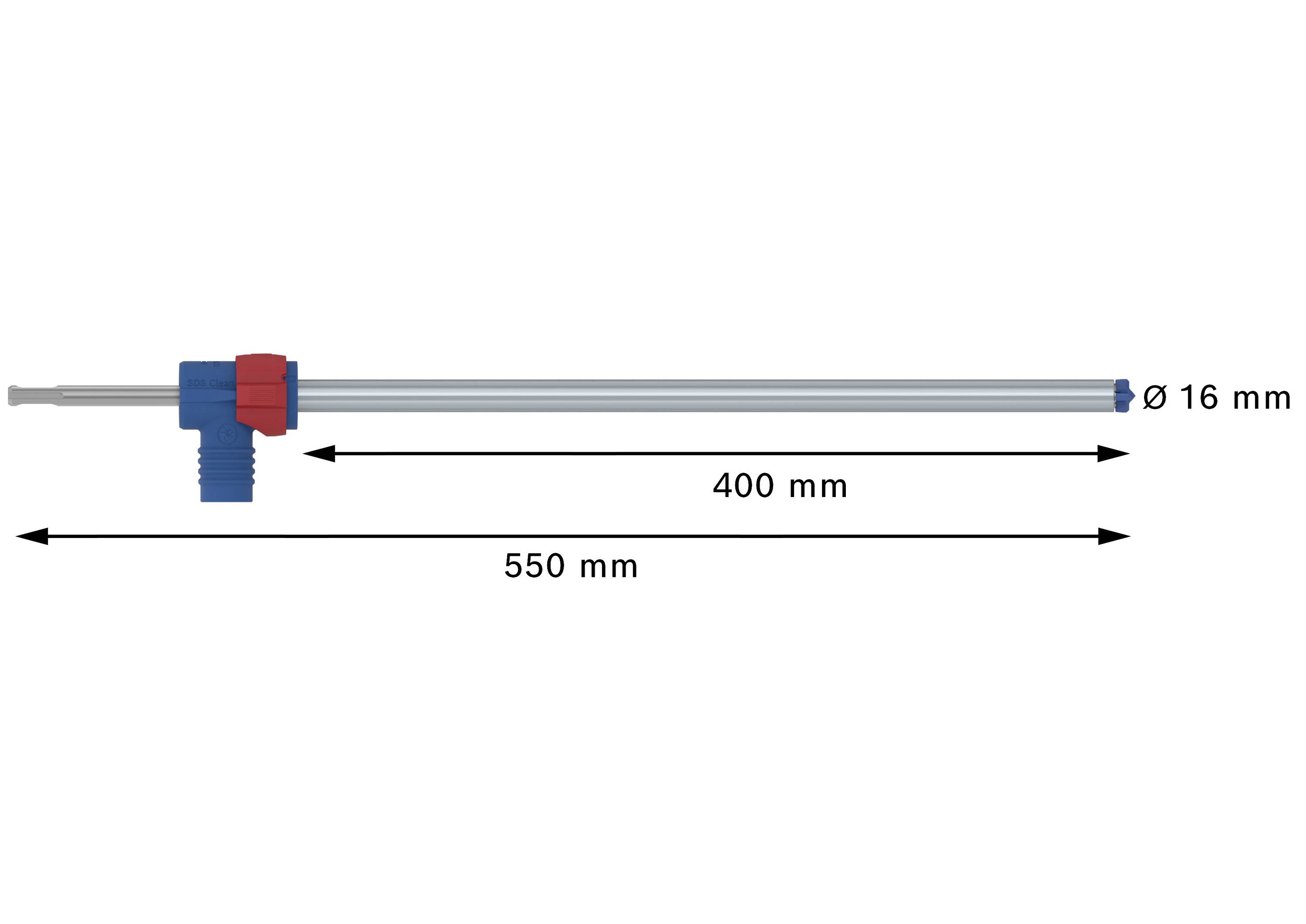 'Zeichnung eines Metallrohrs' Länge 550 mm, Durchmesser 16 mm, mit einem roten und blauen Verbindungsstück.