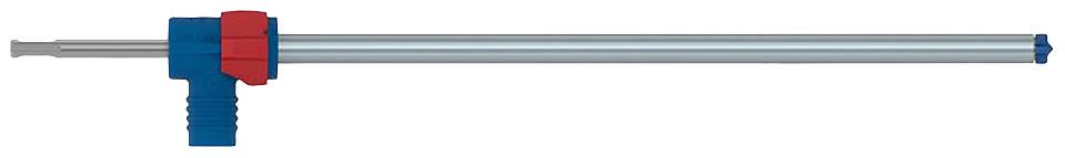 Eine silberne Schraubzwinge mit blauen und roten Griffteilen, horizontal ausgerichtet.