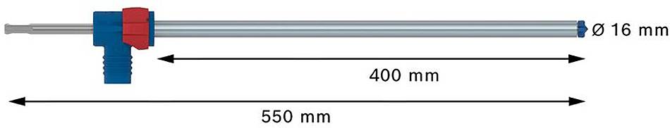 Illustration eines Stabes mit Griff. Gesamtlänge 550 mm, Griff bis Spitzenende 400 mm, Durchmesser 16 mm.