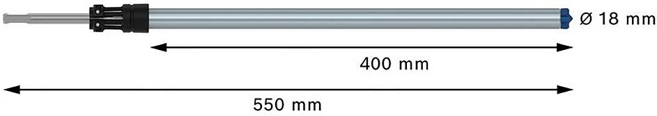 Zylinderförmiges Metallrohr mit einem Durchmesser von 18 mm. Gesamtlänge 550 mm, davon 400 mm zwischen den Pfeilspitzen markiert.