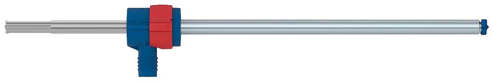 Ein blau-roter Schraubzwinge mit langem silbernem Schienenarm und gezahntem Griff.