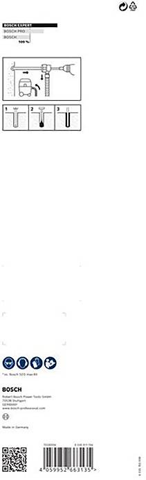 'BOSCH SDS-plus', Bohrer und Meißel Set. Anleitungen für verschiedene Anwendungen mit Symbolen. Oben rechts Recycling-Symbole.