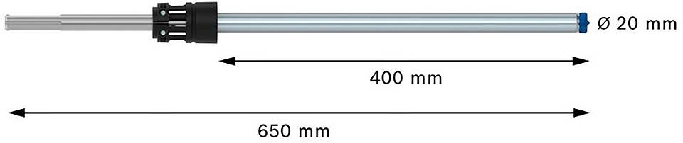 Zylinderstange mit einem Durchmesser von 20 mm und einer Gesamtlänge von 650 mm. Der Abstand zwischen zwei Messpunkten beträgt 400 mm.
