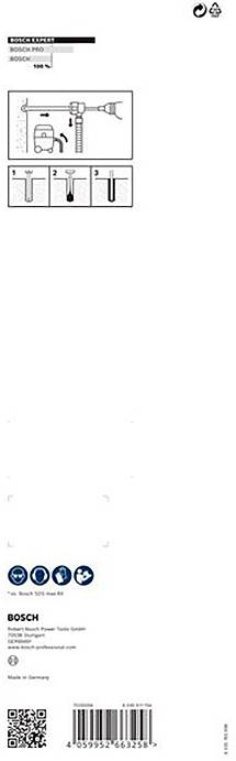 Abbildung zeigt Bohrer-Instruktionen: Bohrer gegen Uhrzeigersinn zum Lösen, im Uhrzeigersinn zum Befestigen drehen. Bosch-Logo unten.