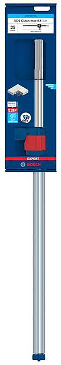 Verpackung eines Bosch Magnetbohrers mit rotem Griff. Enthält Zubehör und hat eine blaue Hintergrundfarbe.