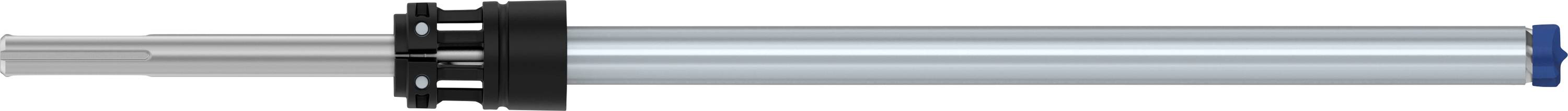 Ein weiß-blauer Teleskopstab mit schwarzen Gummigriffen verbunden, vor weißem Hintergrund.