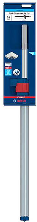 Verpackung eines SDS Click Power-Steckschlüssels, Bosch Marke, mit rotem Befestigungsmechanismus und SDS-Plus Verbindungssystem.
