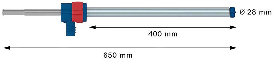 Diagramm eines zylindrischen Werkzeugs mit einem Durchmesser von 28 mm. Gesamtlänge: 650 mm. Verstellbarer Teil: 400 mm.
