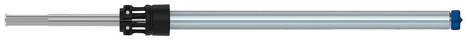 Ein silberner Teleskopstab mit blauem Griff, teilweise ausgezogen, auf weißem Hintergrund. Hauptsächlich ein Werkzeug oder Ausrüstungsgegenstand.