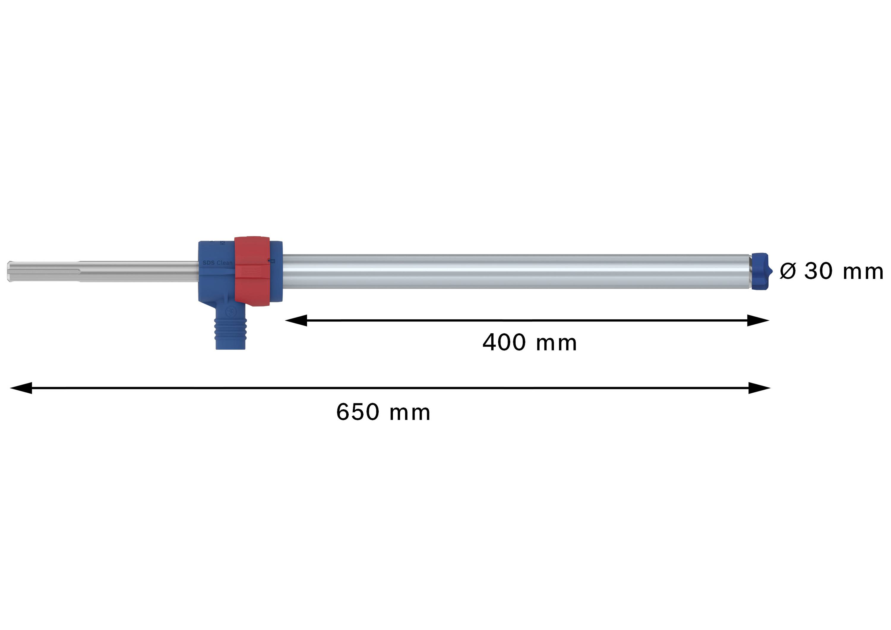 Zylinder mit einem Durchmesser von 30 mm und einer Gesamtlänge von 650 mm, wobei der nutzbare Teil 400 mm beträgt.