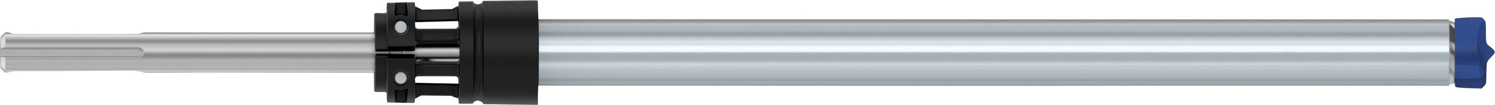 Ein ausziehbarer Metallstab, hauptsächlich silbern mit einem blauen Ende, möglicherweise Teil eines Werkzeugs oder Geräts.