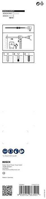 Werkzeuge Verpackungsetikett mit Schritt-für-Schritt-Anleitung für Bohrmontage an einem Fahrzeug. Oben 'BOSCH', unten Barcodes.