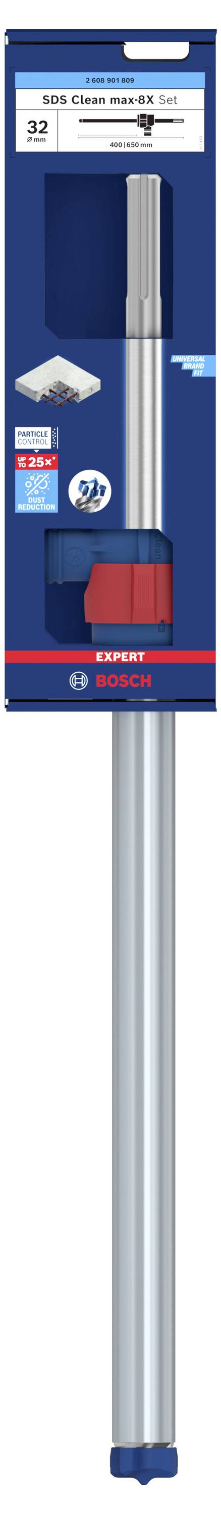 Verpackung eines SDS-Spezialbohrers mit blauer und roter Farbgestaltung. Zeigt den Bohrer und betont Langlebigkeit und Effizienz.