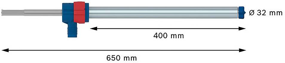Abbildung eines zylindrischen Objekts mit einem Durchmesser von 32 mm, einer Länge von 400 mm und einer Gesamtlänge von 650 mm.