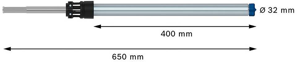Zylinder mit einem Durchmesser von 32 mm, einer Länge von 650 mm, davon 400 mm ausfahrbar dargestellt.