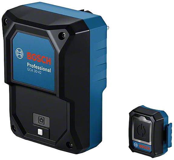 Ladegerät GCA 30-42 von Bosch Professional. Schwarzes, quadratisches Design mit blauen Akzenten. Ladesymbol und Logo sichtbar.