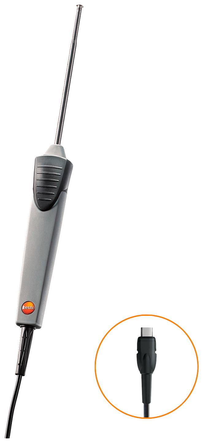 Digitales Handthermometer mit langem Metallstift und angebrachtem Kabel, mit kreisförmiger Vergrößerung, die den Steckerverbinder zeigt.