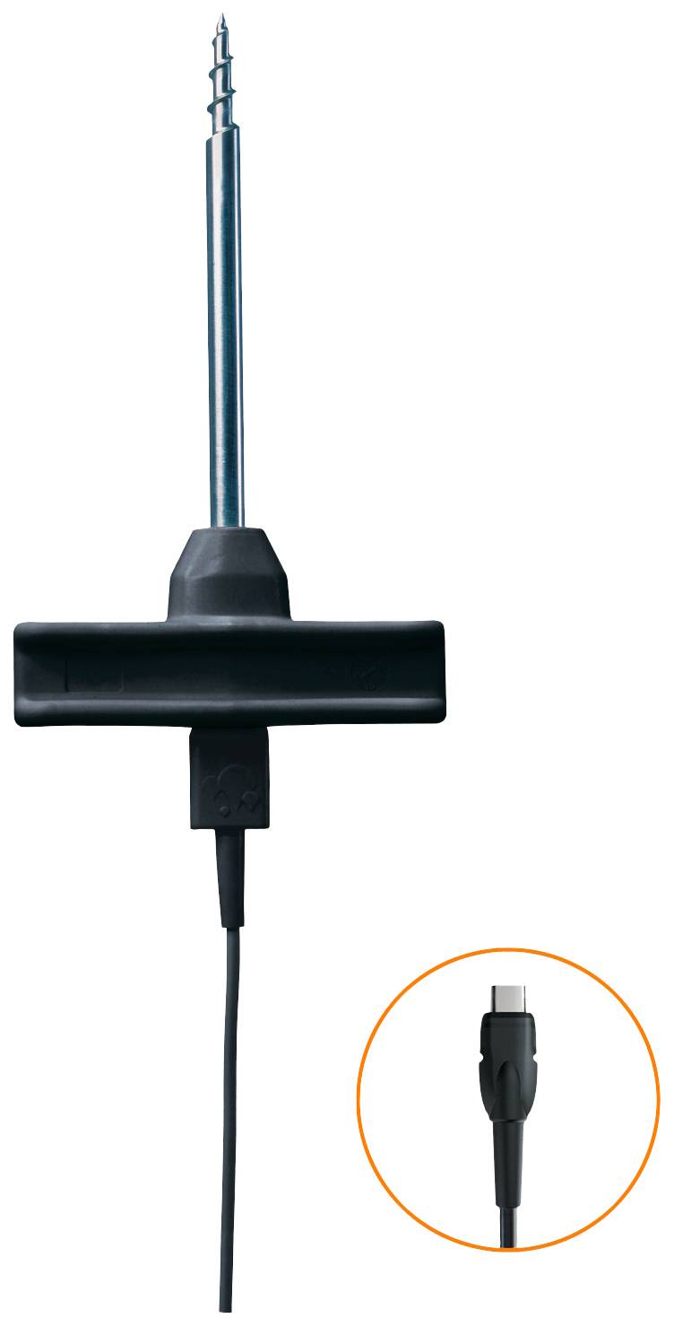 Schwarze T-förmige Antenne mit langem Kabel und einer Nahaufnahme des Steckerendes
