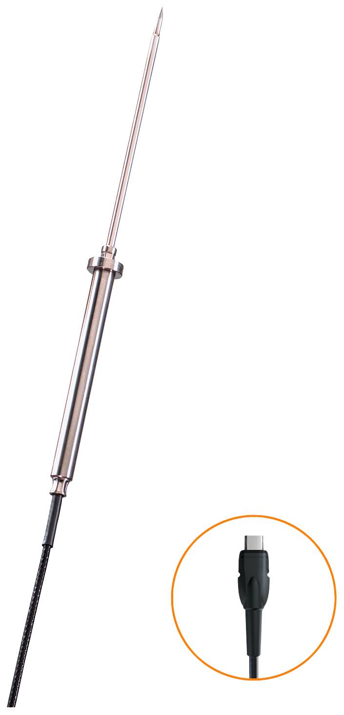Eine lange Metallsonde mit einem Kabel und eine Nahaufnahme ihres schwarzen Steckerverbinders.