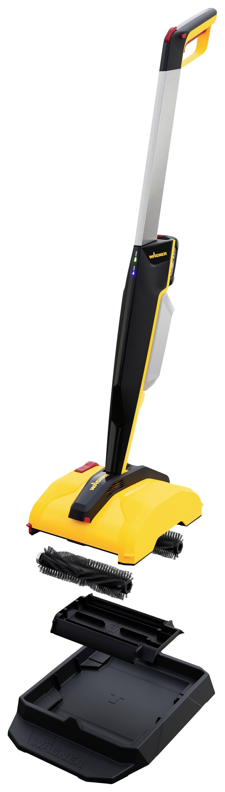 Gelber kabelloser Staubsauger mit schwarzem Griff und rot-gelbem Bedienfeld auf Ladestation, geeignet für Hartböden.