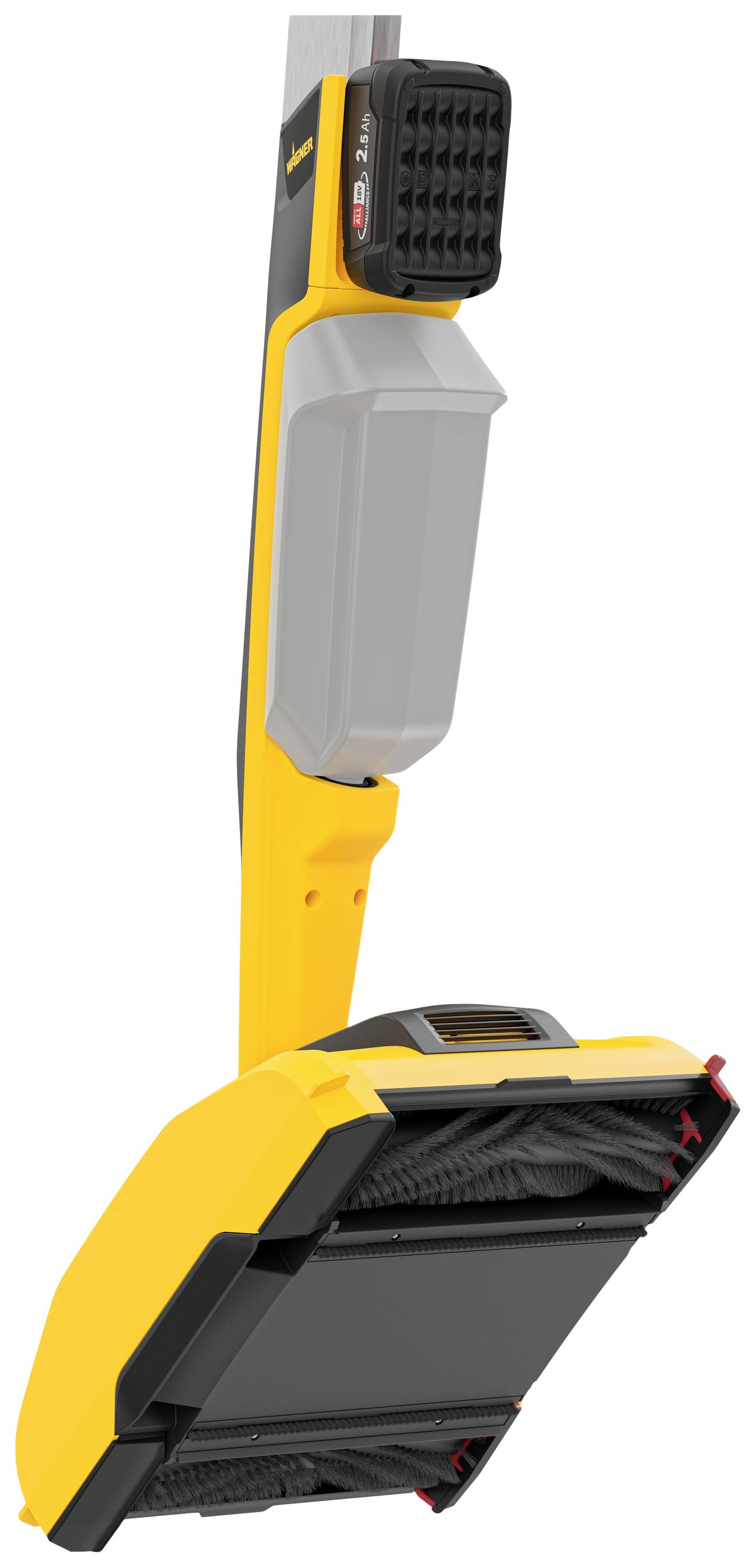 Ein gelbes Gerät mit schwarzem Griff und grauem Gehäuse, das vermutlich ein Reinigungsgerät oder Staubsauger darstellt.