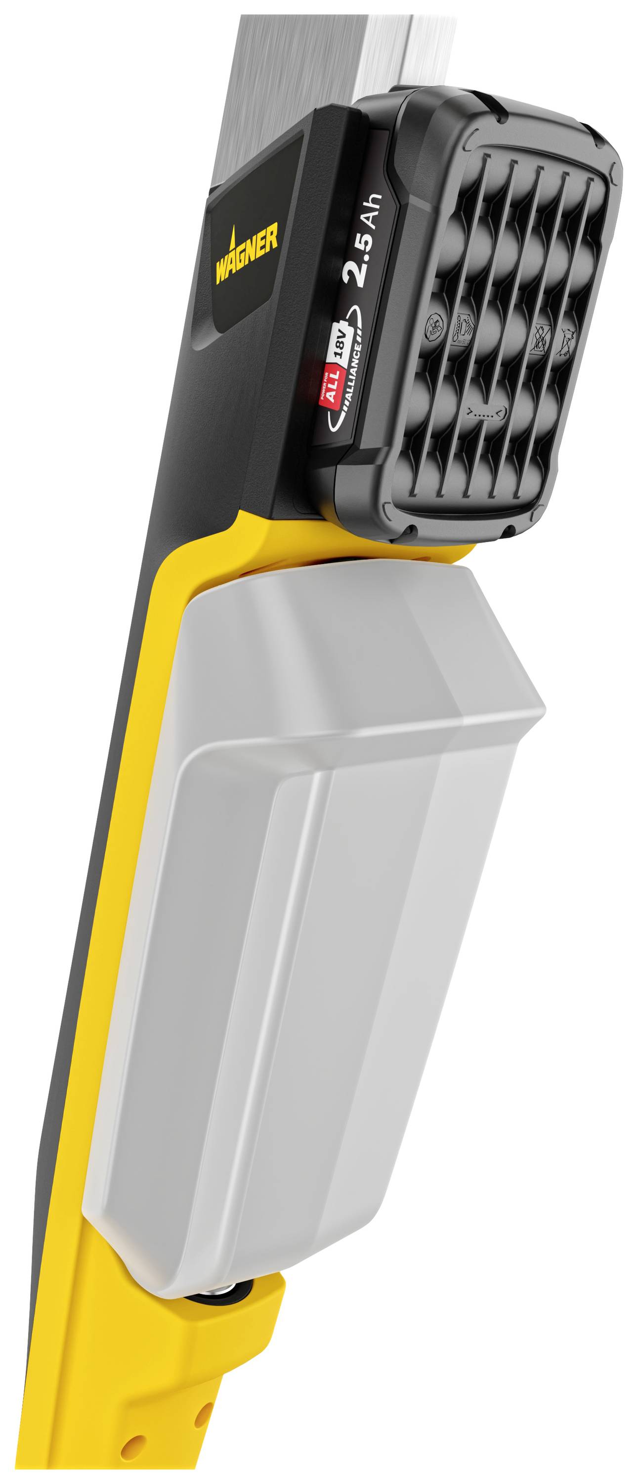 Langstieliges Arbeitsgerät mit gelbem Griff, schwarzem Kopf und abnehmbarem grauem Behälter. Geeignet für diverse Reinigungsarbeiten.