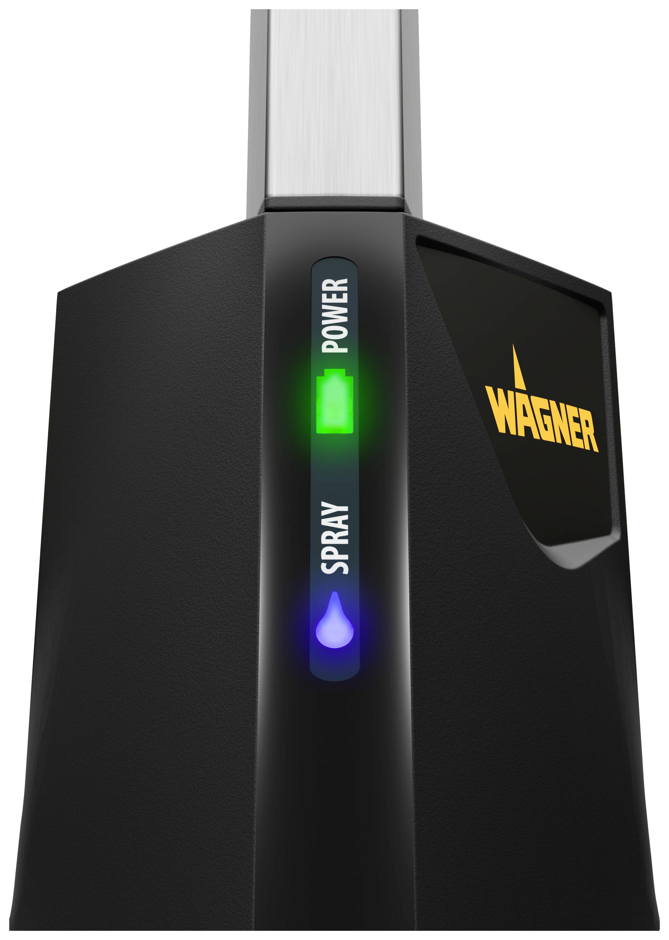 Elektrisches Sprühgerät in Schwarz mit leuchtenden Anzeigelichtern für Strom und Sprühfunktion. „Wagner“-Logo auf der Seite.