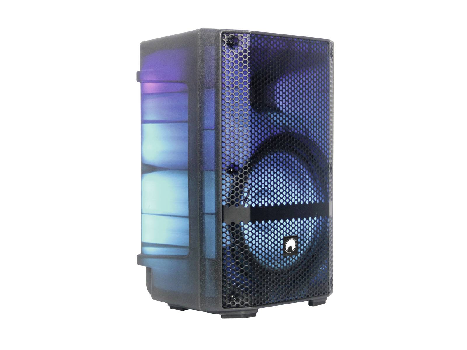 Ein tragbarer Lautsprecher mit schwarzem Gehäuse und leuchtenden Lichtern in Blau- und Violetttönen an den Seiten.