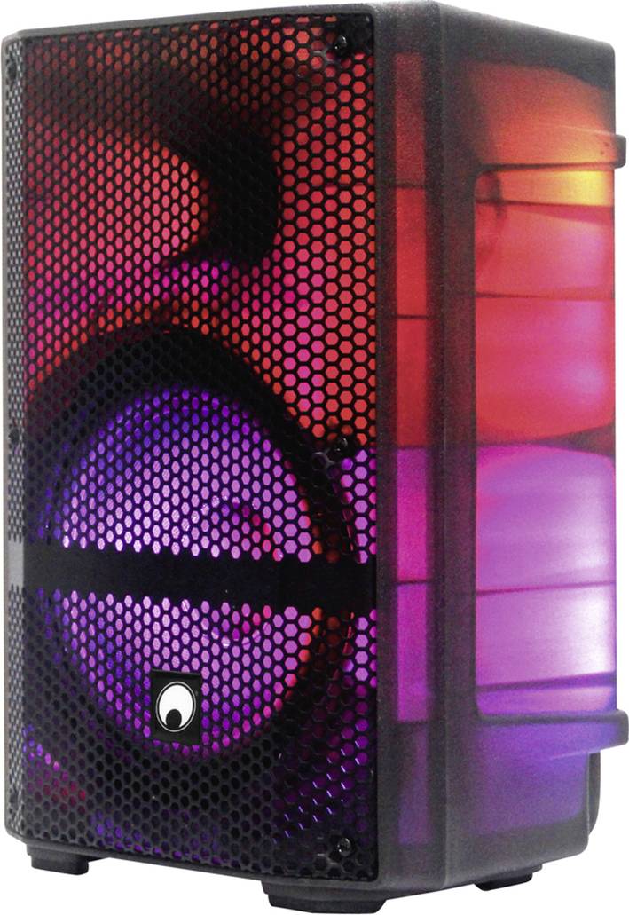 Ein schwarz-grauer Lautsprecher mit roten und violetten Lichteffekten, schräg von vorne fotografiert.