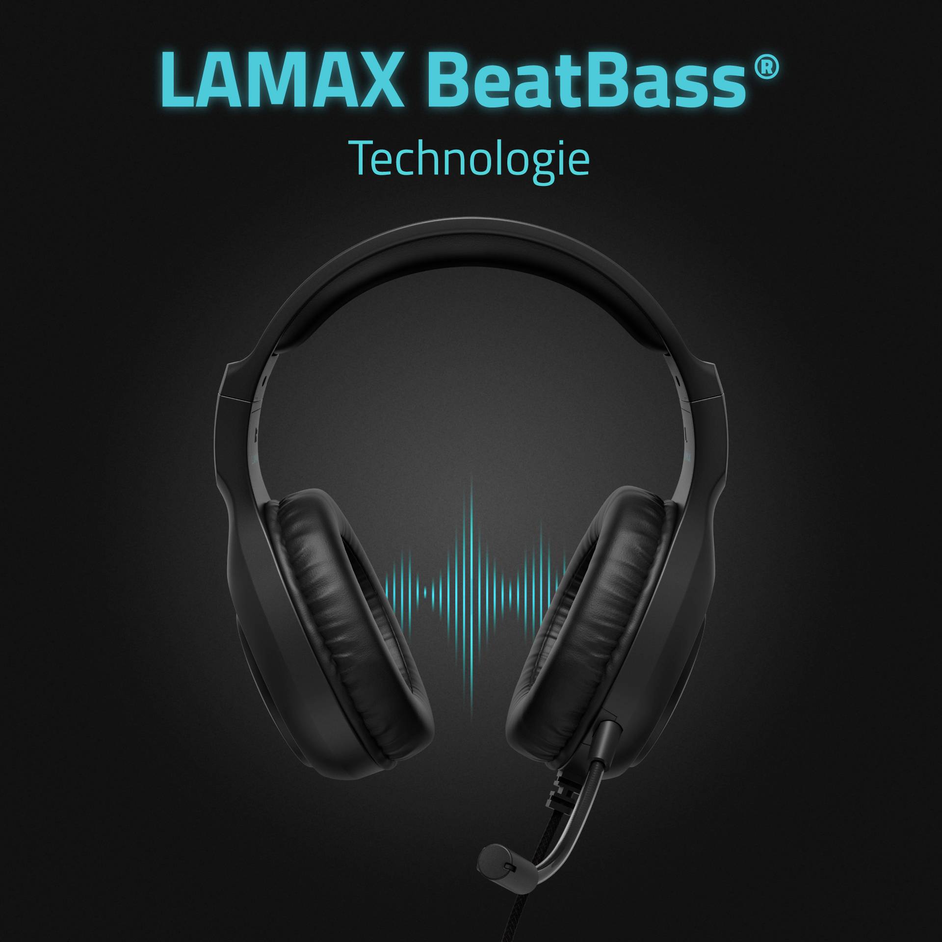 Kopfhörer mit integriertem Mikrofon und blauem Schallwellen-Effekt. Oben Text 'LAMAX BeatBass Technologie'.