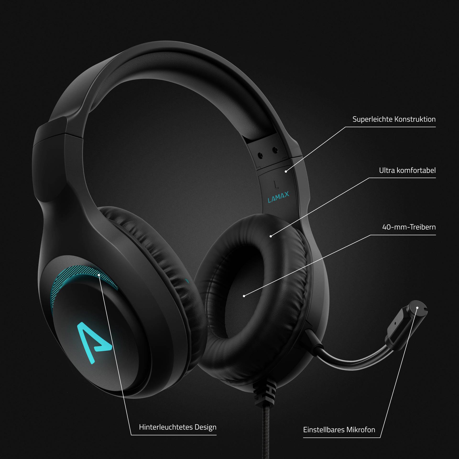 Schwarzer Gaming-Kopfhörer mit blau leuchtendem Logo, Mikrofon, bequemer Polsterung und 40-mm-Treibern; markant und ergonomisch.