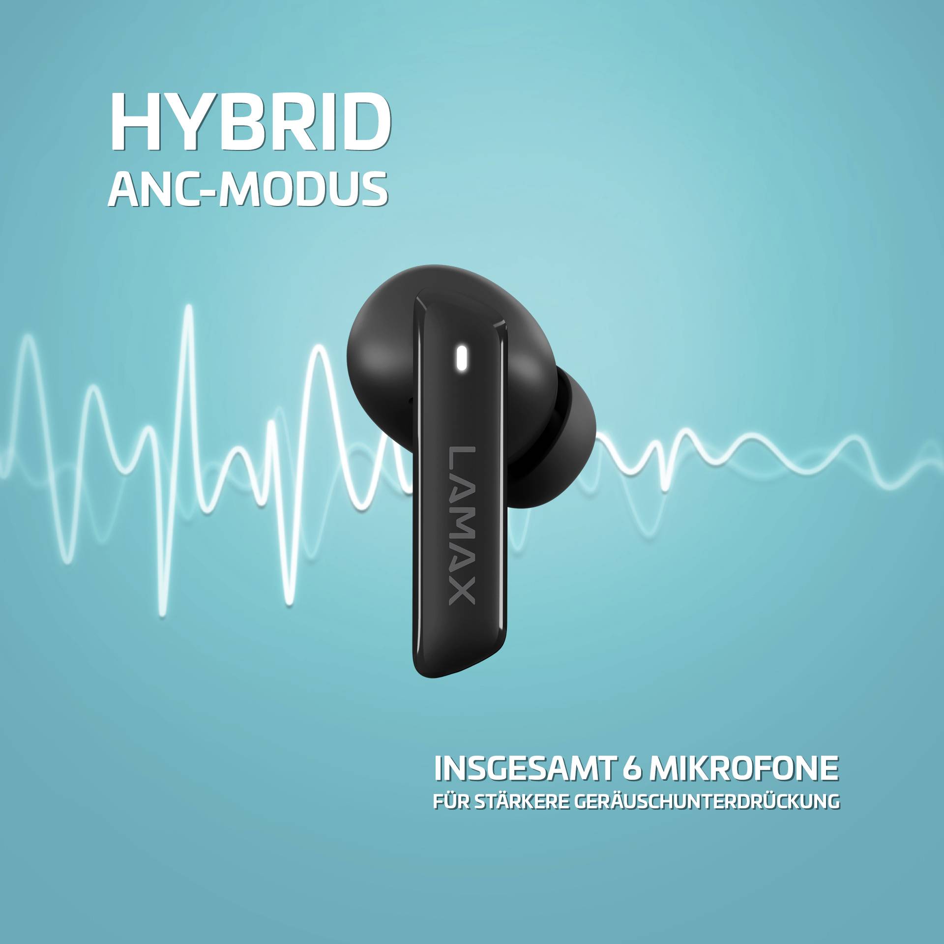 Schwarzer kabelloser Ohrhörer mit Aufschrift 'LAMAX', Schallwellen im Hintergrund. Text: 'Hybrid ANC-Modus', 'Insgesamt 6 Mikrofone'.