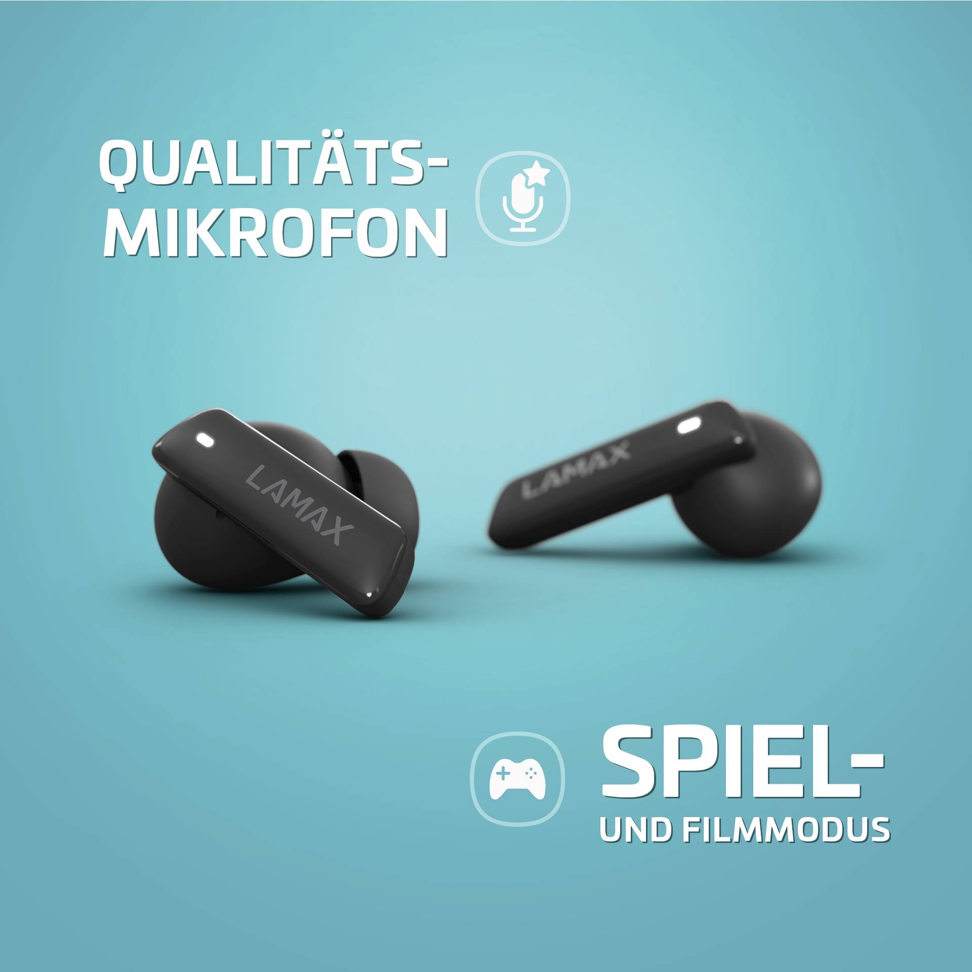 Zwei schwarze kabellose Ohrhörer vor blauem Hintergrund. Text: 'Qualitätsmikrofon', 'Spiel- und Filmmodus'. Symbole für Mikrofon und Controller.