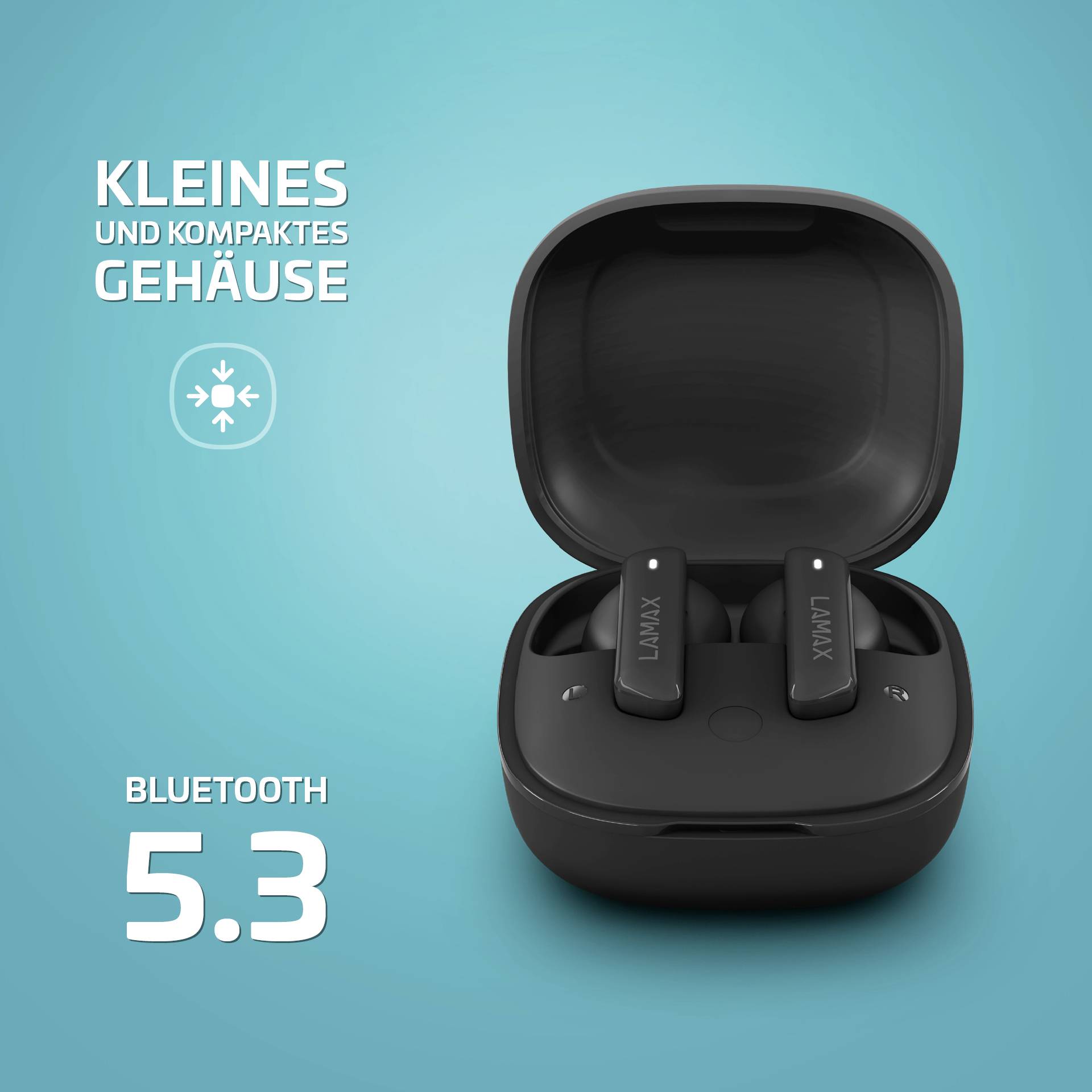 Kleines, kompaktes Bluetooth 5.3 Ladegehäuse mit zwei schwarzen kabellosen Kopfhörern. Text links: 'Kleines und kompaktes Gehäuse'.