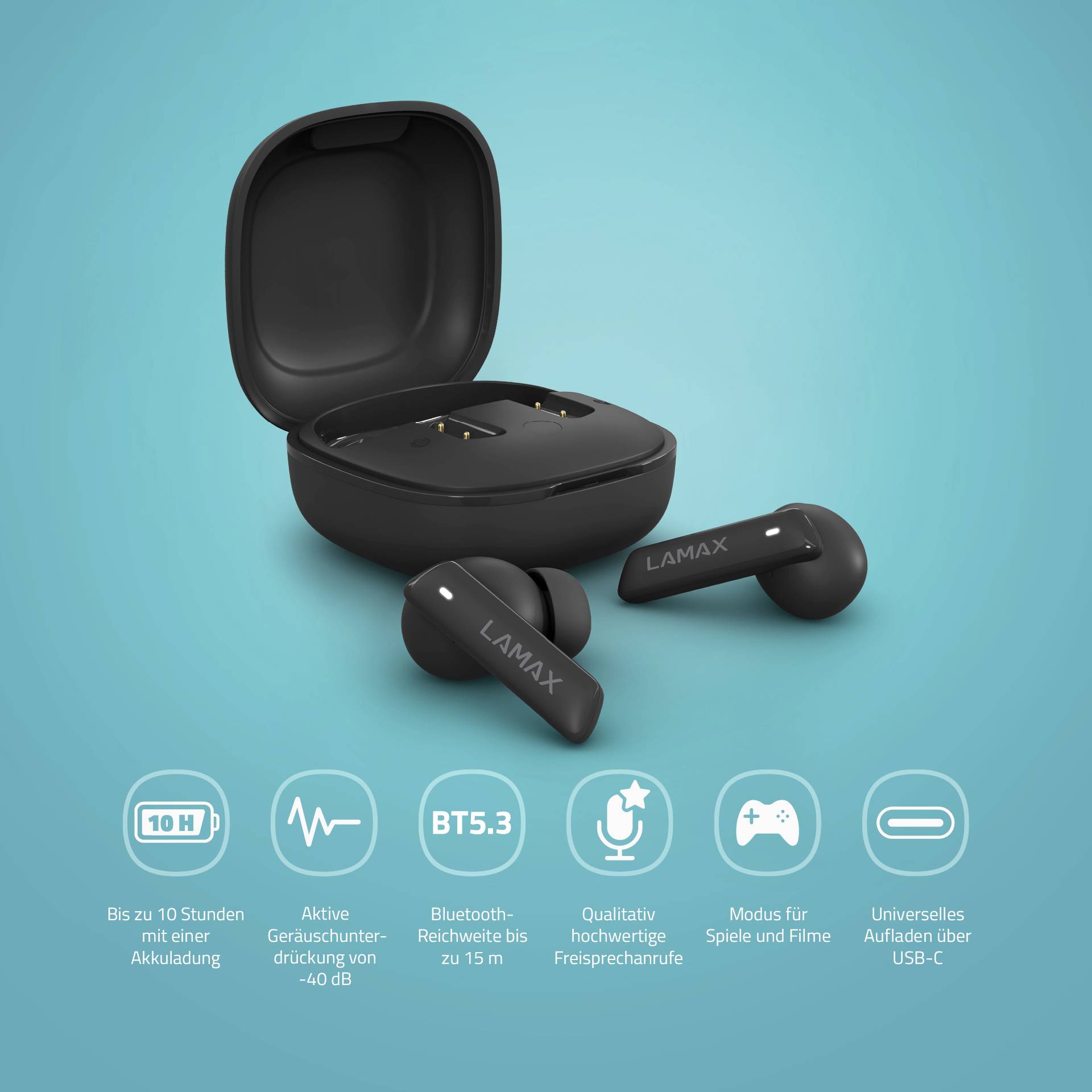 Schwarze kabellose In-Ear-Kopfhörer mit Bluetooth-Funktion, Ladekoffer geöffnet. Symbole darunter zeigen Funktionen wie Geräuschunterdrückung und lange Akkulaufzeit.