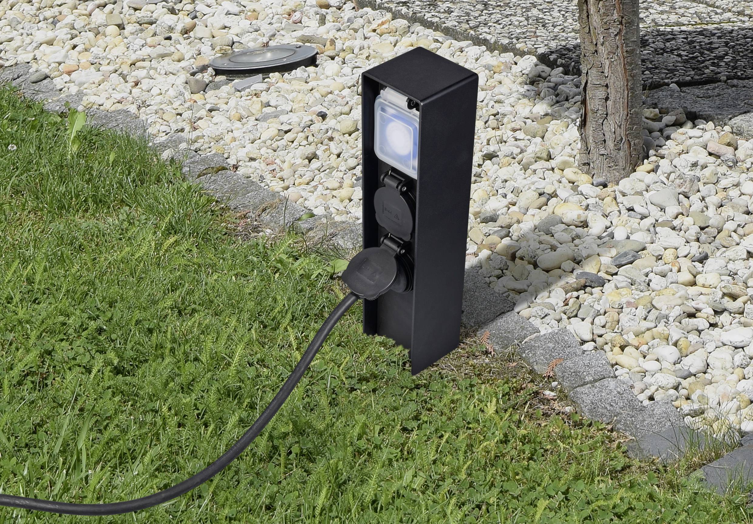 Sygonix SY-6121656 Gartensteckdose mit Zeitschaltuhr 2fach Schwarz erhöhter Berührungsschutz, mit Erdspieß, mit Zeitschaltuhr