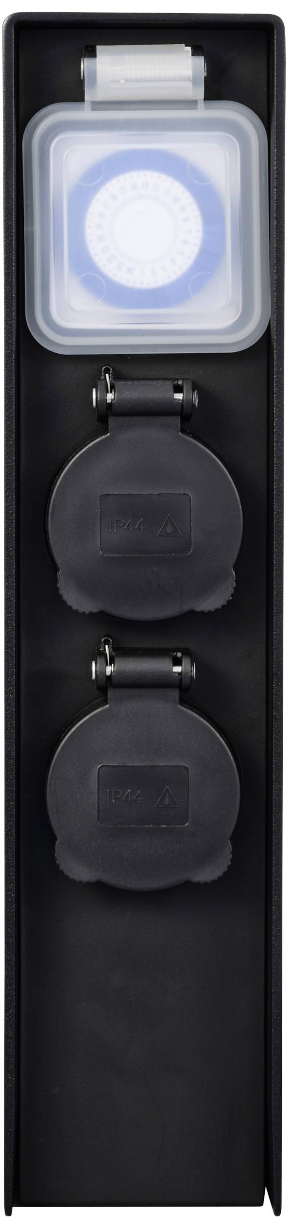 Sygonix SY-6121656 Gartensteckdose mit Zeitschaltuhr 2fach Schwarz erhöhter Berührungsschutz, mit Erdspieß, mit Zeitschaltuhr