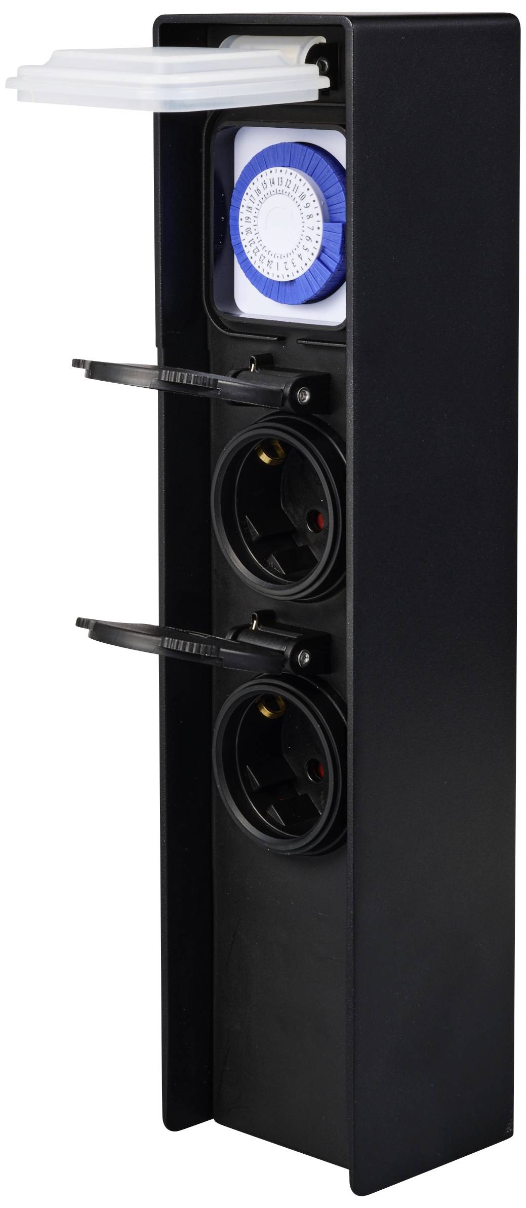 Sygonix SY-6121656 Gartensteckdose mit Zeitschaltuhr 2fach Schwarz erhöhter Berührungsschutz, mit Erdspieß, mit Zeitschaltuhr