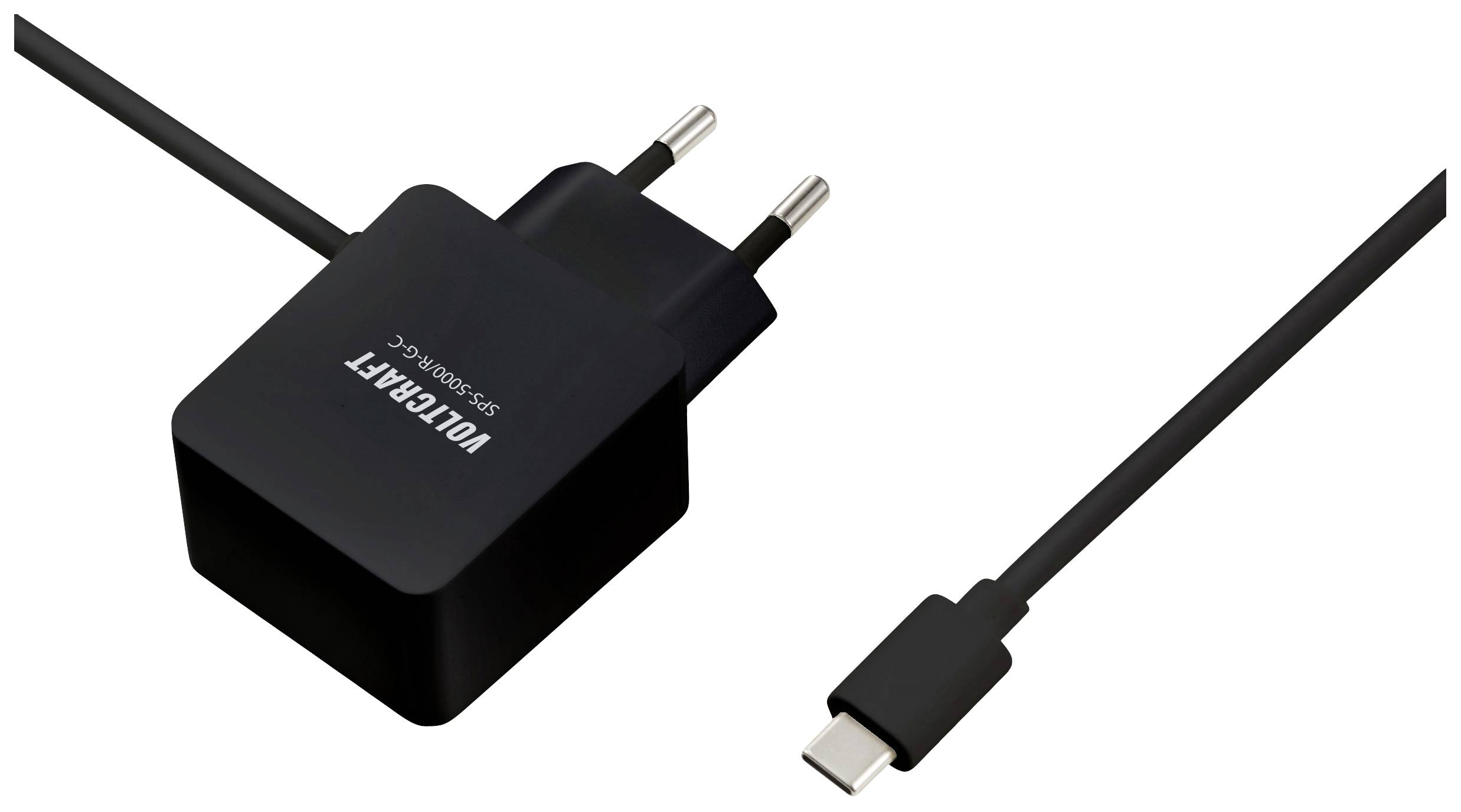 Ein schwarzes USB-C-Ladegerät mit Kabel und europäischem Netzstecker. Geeignet zum Laden von kompatiblen elektronischen Geräten.